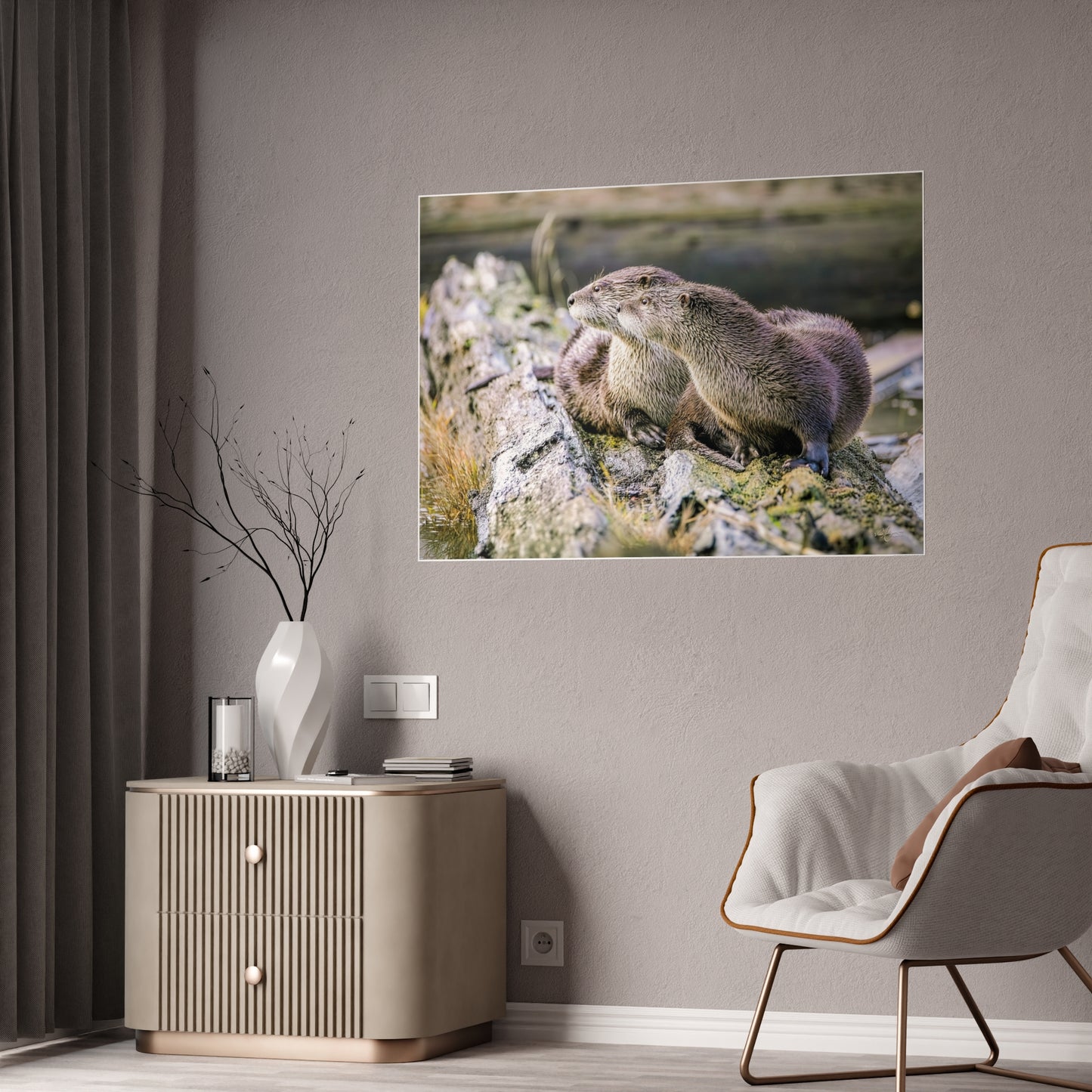 River Otters Morning Mist Gloss Poster | Wildlife Photography Wall Art