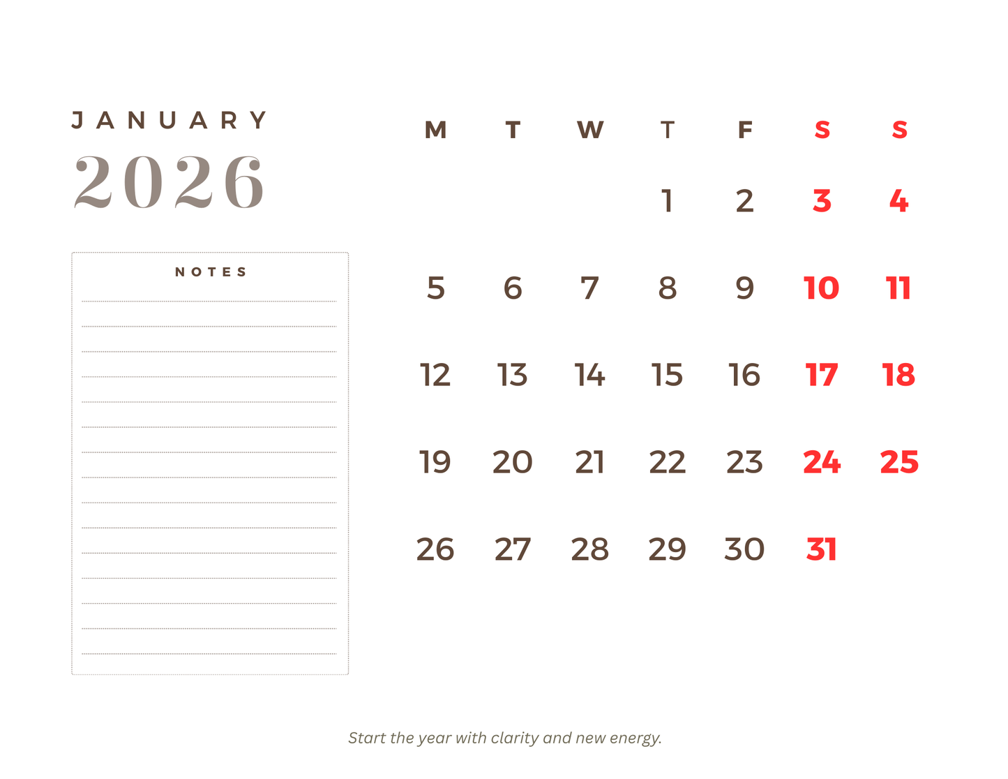 Muse Studio 2026 Landscape Calendar 11x8.5" (Digital Download)
