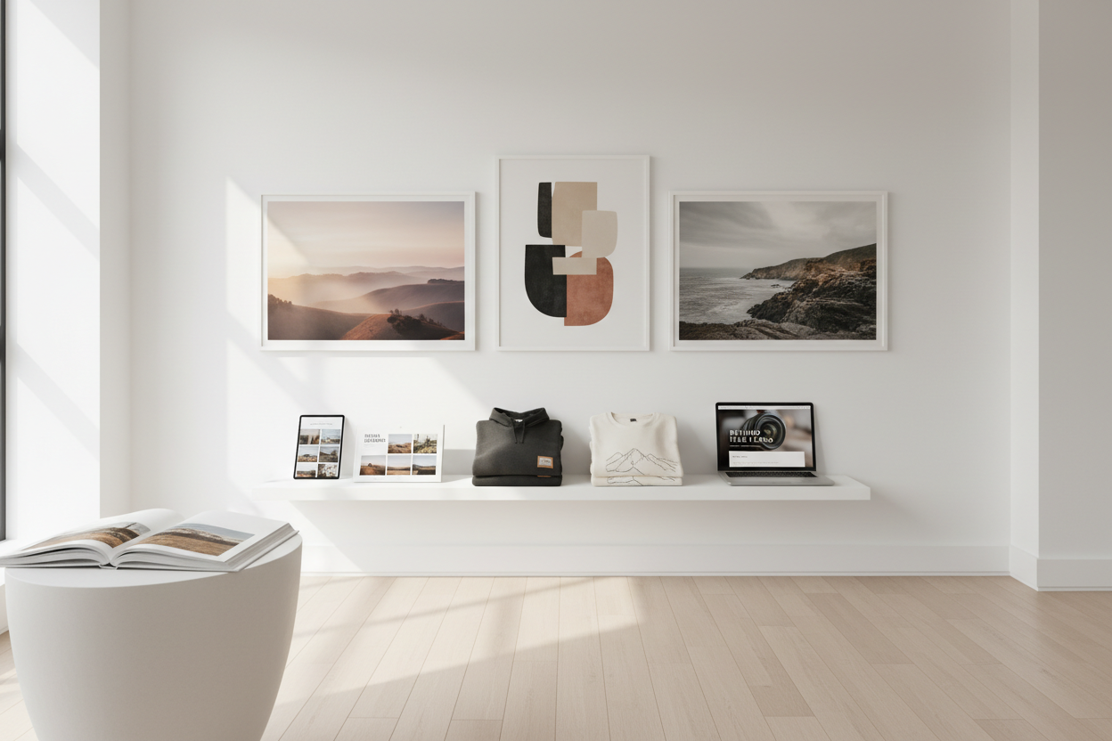 generate image by looking at my site musestudio.ca. it's about art, original photo prints, merch, hoodies, tees, blogs and downloads. must be modern but elegant